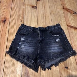 Distressed Black Denim Shorts with Frayed Hem